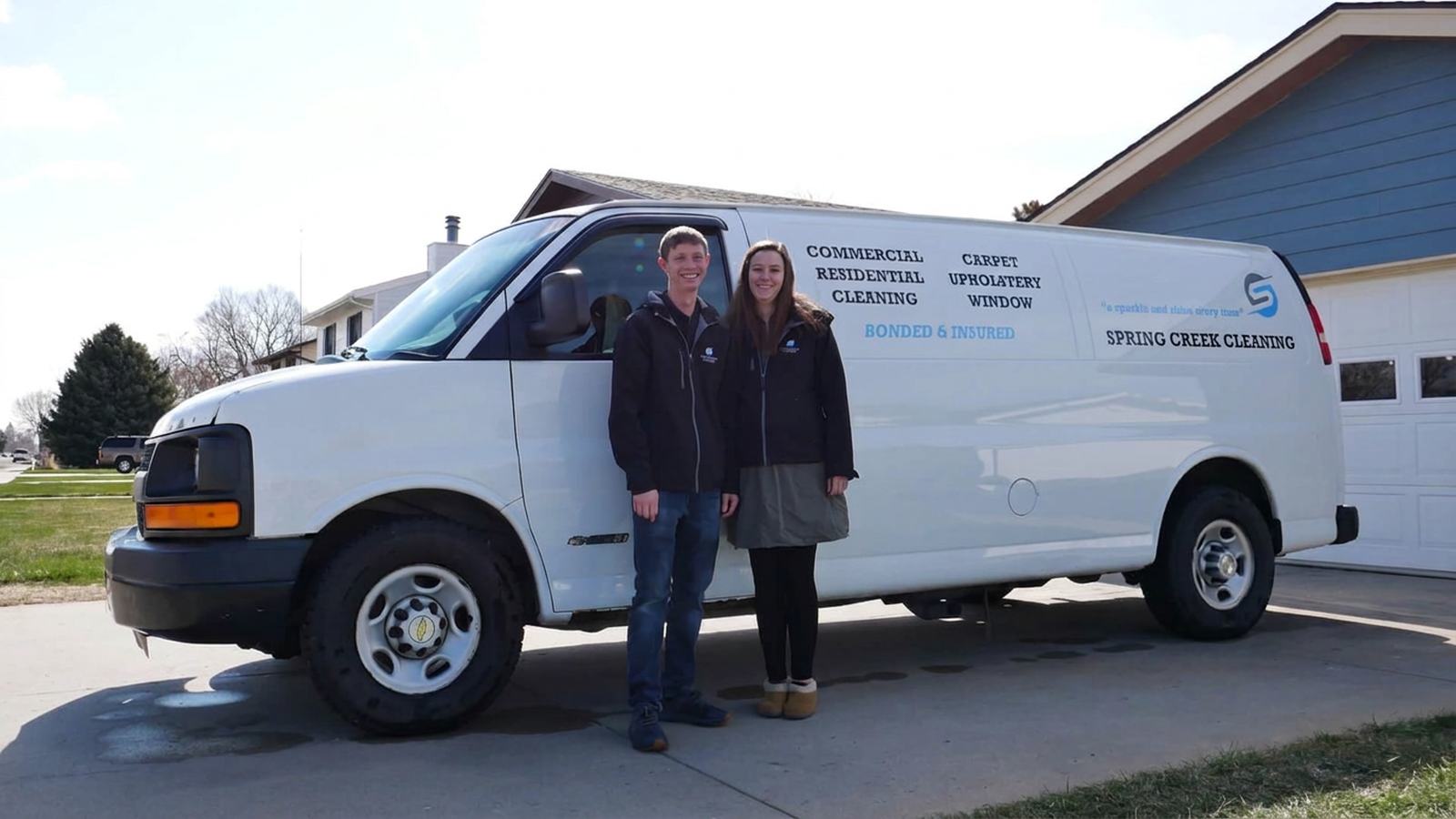 Spring Creek Cleaning team members beside a company service van